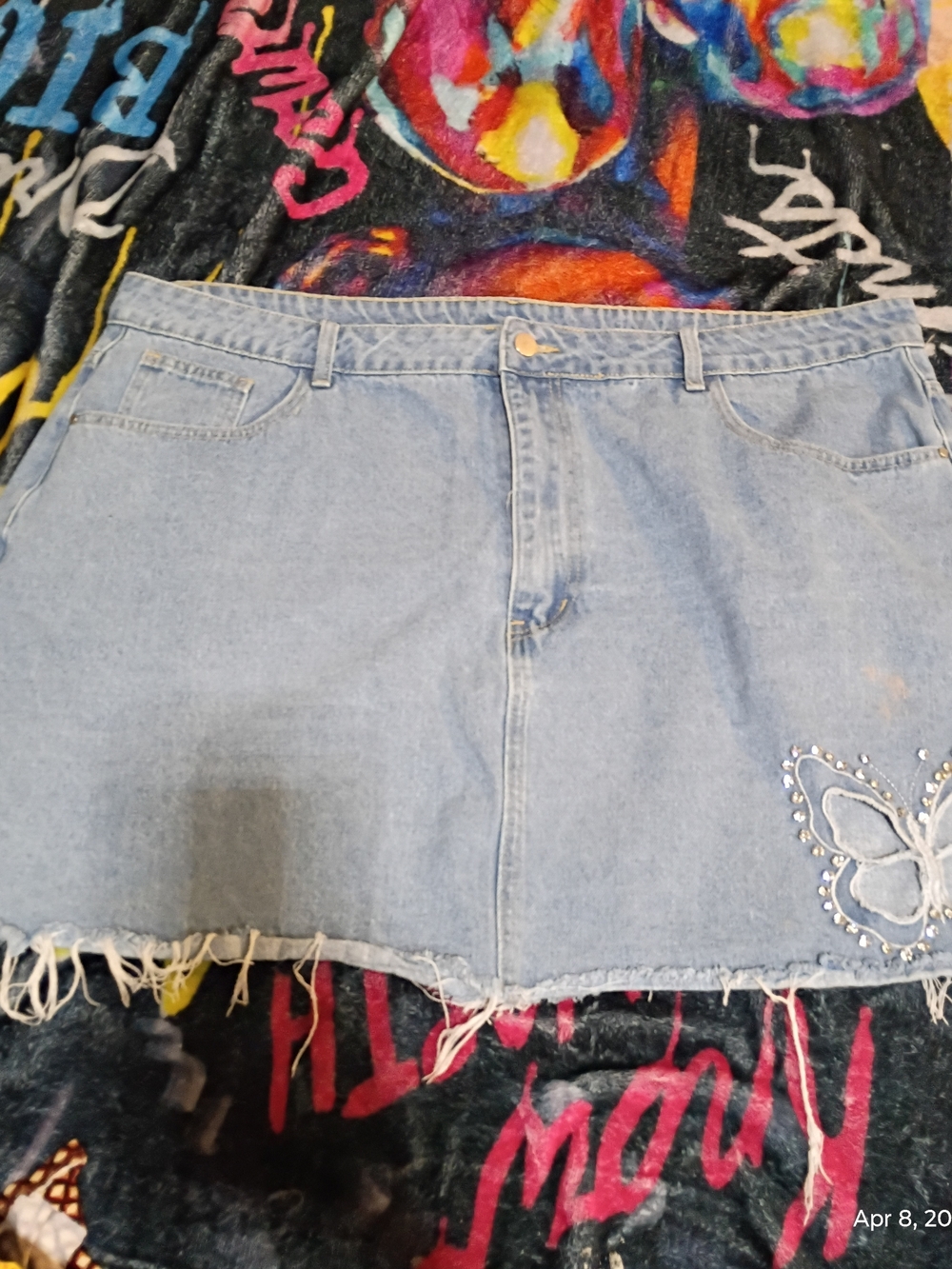 Cider Light Blue Denim Skirt with Embellished Butterfly Accent